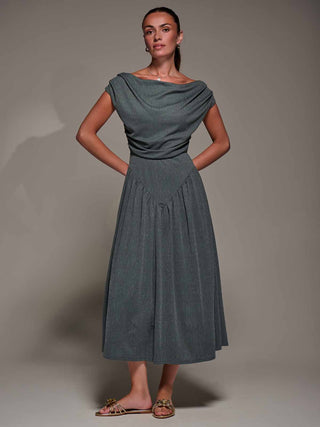 Asymmetric Neckline Midaxi Dress, Khaki