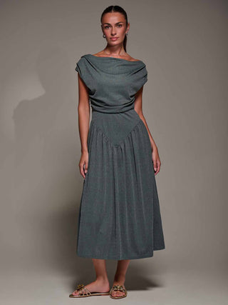 Asymmetric Neckline Midaxi Dress, Khaki