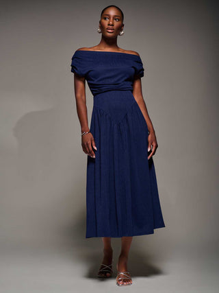 Asymmetric Neckline Midaxi Dress, Navy