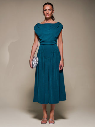 Asymmetric Neckline Midaxi Dress,Teal Blue