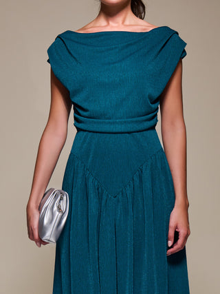 Asymmetric Neckline Midaxi Dress,Teal Blue