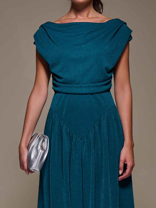 Asymmetric Neckline Midaxi Dress,Teal Blue