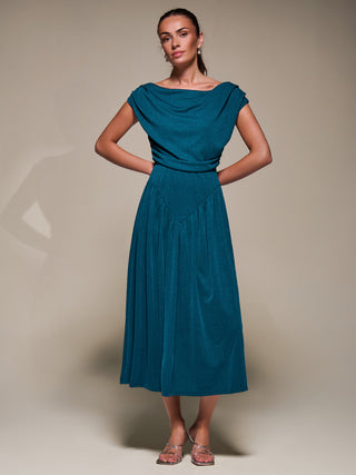 Asymmetric Neckline Midaxi Dress,Teal Blue