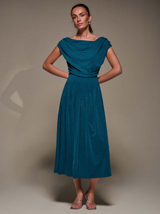 Asymmetric Neckline Midaxi Dress,Teal Blue