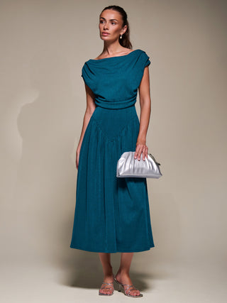 Asymmetric Neckline Midaxi Dress,Teal Blue