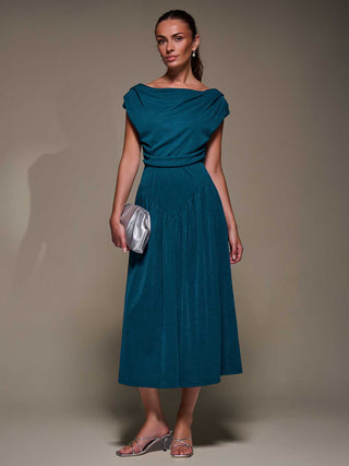 Asymmetric Neckline Midaxi Dress,Teal Blue