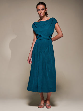 Asymmetric Neckline Midaxi Dress,Teal Blue