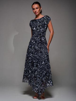 Mesh Asymmetrical Draped Maxi Dress Black Abstract