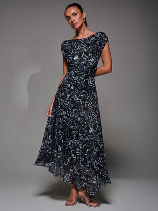 Mesh Asymmetrical Draped Maxi Dress Black Abstract