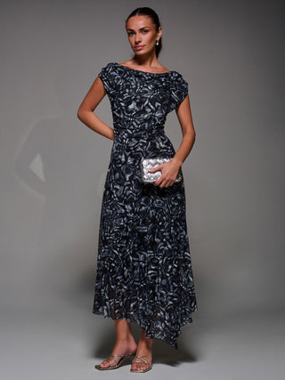 Mesh Asymmetrical Draped Maxi Dress Black Abstract