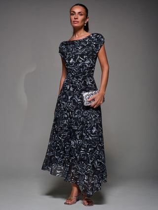 Mesh Asymmetrical Draped Maxi Dress Black Abstract