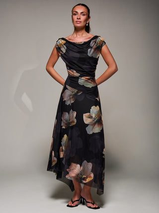 Mesh Asymmetrical Draped Maxi Dress Black Floral