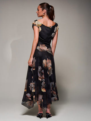 Mesh Asymmetrical Draped Maxi Dress Black Floral