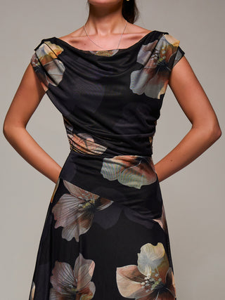 Mesh Asymmetrical Draped Maxi Dress Black Floral