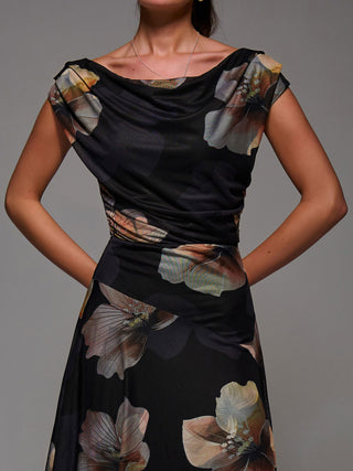 Mesh Asymmetrical Draped Maxi Dress Black Floral