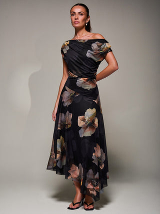 Mesh Asymmetrical Draped Maxi Dress Black Floral