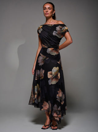 Mesh Asymmetrical Draped Maxi Dress Black Floral