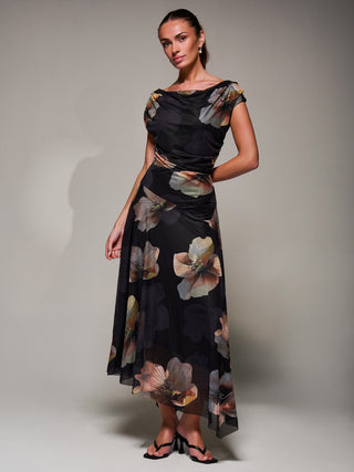Mesh Asymmetrical Draped Maxi Dress Black Floral
