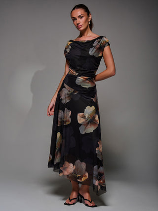 Mesh Asymmetrical Draped Maxi Dress Black Floral