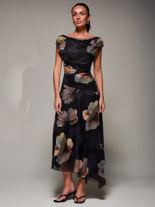 Mesh Asymmetrical Draped Maxi Dress Black Floral
