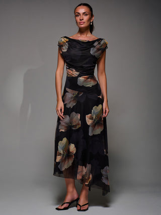 Mesh Asymmetrical Draped Maxi Dress Black Floral