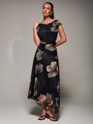 Mesh Asymmetrical Draped Maxi Dress Black Floral