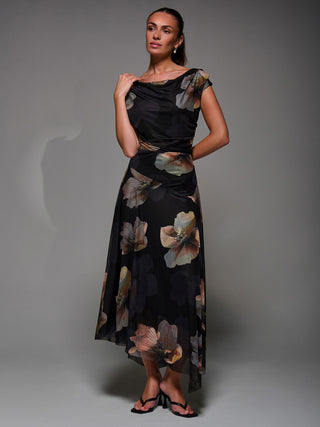 Mesh Asymmetrical Draped Maxi Dress Black Floral