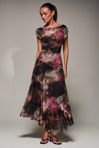 Mesh Asymmetrical Draped Maxi Dress, Brown Abstract