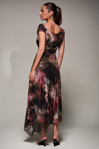 Mesh Asymmetrical Draped Maxi Dress, Brown Abstract