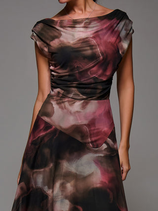 Mesh Asymmetrical Draped Maxi Dress Brown Abstract