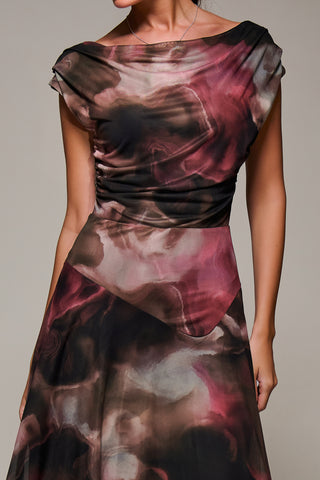 Mesh Asymmetrical Draped Maxi Dress, Brown Abstract