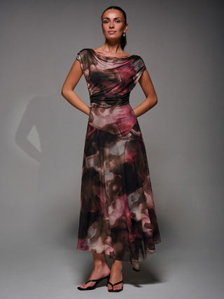 Mesh Asymmetrical Draped Maxi Dress Brown Abstract