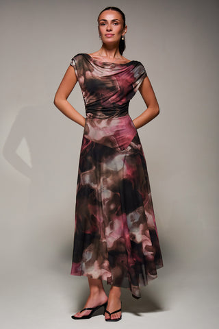 Mesh Asymmetrical Draped Maxi Dress, Brown Abstract