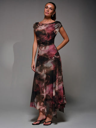 Mesh Asymmetrical Draped Maxi Dress Brown Abstract