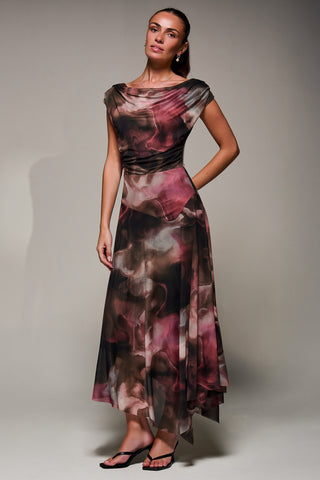 Mesh Asymmetrical Draped Maxi Dress, Brown Abstract