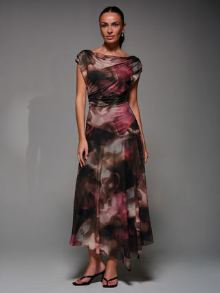 Mesh Asymmetrical Draped Maxi Dress Brown Abstract