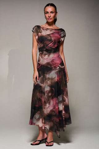 Mesh Asymmetrical Draped Maxi Dress, Brown Abstract
