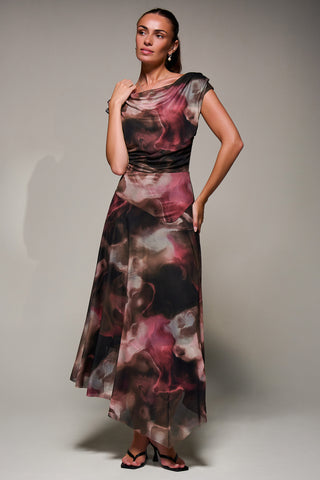 Mesh Asymmetrical Draped Maxi Dress, Brown Abstract