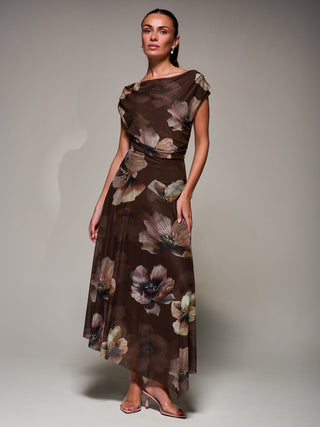 fitted lace wedding dress Mesh Asymmetrical Draped Maxi Dress Brown Floral – Jolie Moi Retail