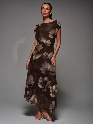 Mesh Asymmetrical Draped Maxi Dress Brown Floral