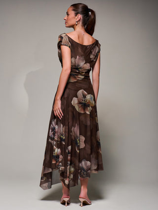 Mesh Asymmetrical Draped Maxi Dress Brown Floral