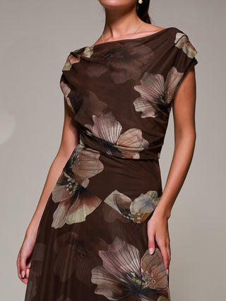 Mesh Asymmetrical Draped Maxi Dress Brown Floral