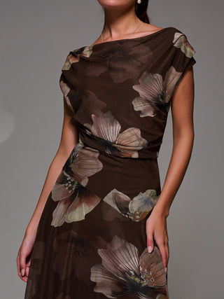 Mesh Asymmetrical Draped Maxi Dress Brown Floral