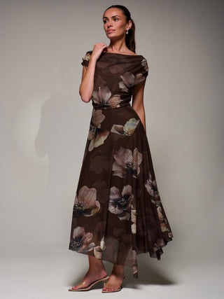 Mesh Asymmetrical Draped Maxi Dress Brown Floral