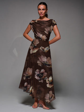 Mesh Asymmetrical Draped Maxi Dress Brown Floral