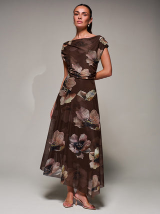 Mesh Asymmetrical Draped Maxi Dress Brown Floral