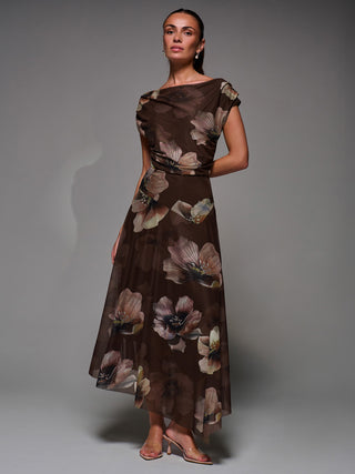 Mesh Asymmetrical Draped Maxi Dress Brown Floral