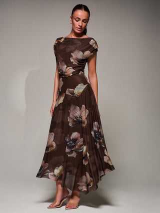 Mesh Asymmetrical Draped Maxi Dress Brown Floral