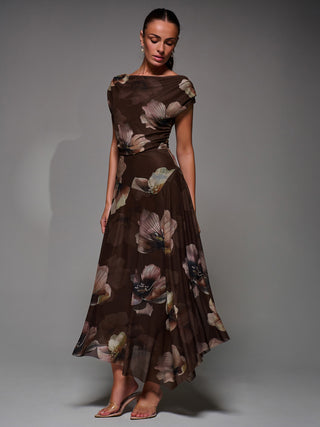 Mesh Asymmetrical Draped Maxi Dress Brown Floral