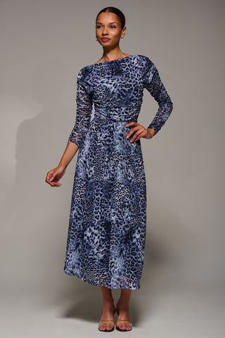 Long Sleeve Asymmetric Gathered Mesh Midi Dress, Black Animal